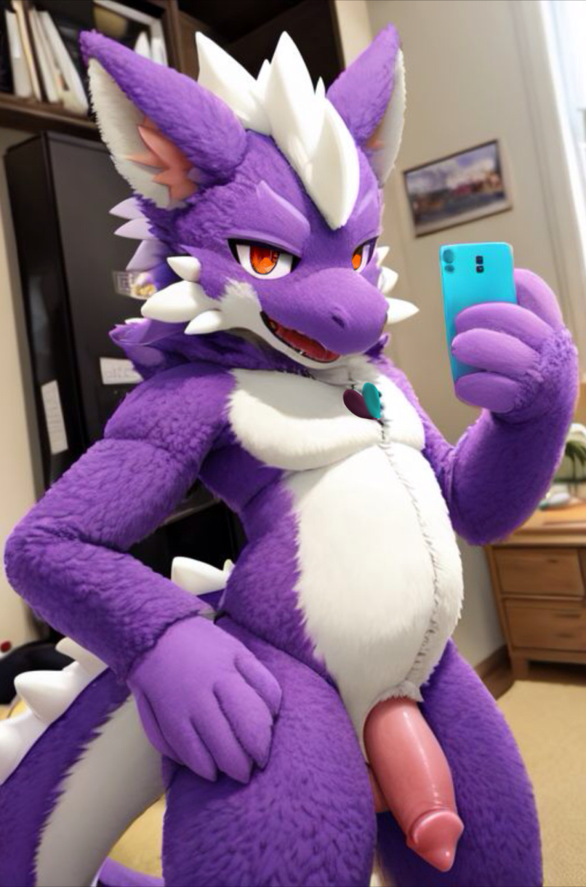 ai_generated dragon fire_in_eyes furry furry_dragon furry_only gurimi_(caramelbunny) heart_necklace kemono living_fursuit living_room male male_only necklace oc penis phone prompter:caramelbunny purple_fur taking_picture