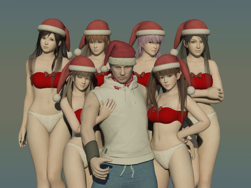 1boy 1girls 3d 3d_(artwork) 3d_model 6girls ayane_(doa) black_hair blender blue_eyes brown_eyes brown_hair christmas_outfit dead_or_alive dead_or_alive_5_last_round female female_focus female_human group hitomi_(doa) kasumi_(doa) kokoro_(doa) lavender_hair lei_fang long_hair looking_at_another looking_at_partner looking_at_viewer looking_back looking_down looking_pleasured male_domination momiji_(ninja_gaiden) original_character pose posing red_eyes short_hair smile standing swimsuit tagme tecmo thesuperwarrior(artist) underwear xps