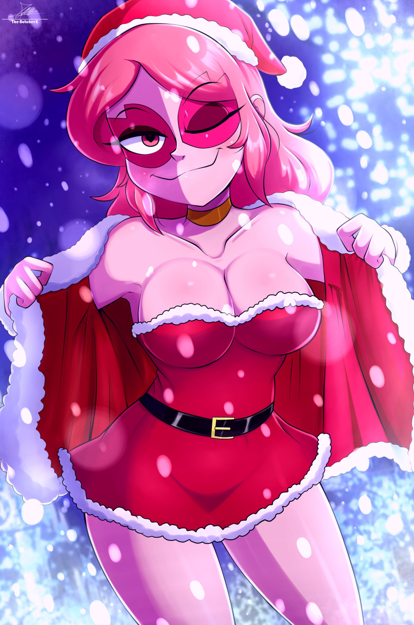 armpits big_breasts cartoon christmas christmas_clothing christmas_outfit female_only miss_heed_(villainous) necklace pink_body pink_hair snow snowing the-butch-x the_butcher_(artist) thick_thighs villainous voluptuous_female