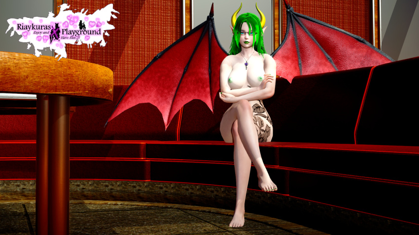 3d blue_eyes demon demon_girl demon_humanoid demon_wings demoness female female_only glasses green_hair green_nipples horns legs legs_crossed lexx_triffos naked naked_female necklace nude nude_female red_wings riaykuras_playground sharp_ears solo tattoo tattoo_on_legs tattoos winged_humanoid