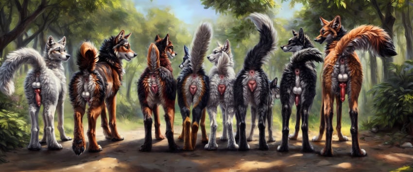 4boys 4girls ai_generated anus ass balls black_body black_fur blue_eyes brown_fur canine canine_penis canine_pussy claws director_firewolf feral feral_only forest_background fox grey_fur knot lineup multicolored_body orange_body orange_fur pawpads paws penis presenting presenting_hindquarters pussy raised_tail veiny_penis white_body white_fur wolf yellow_eyes