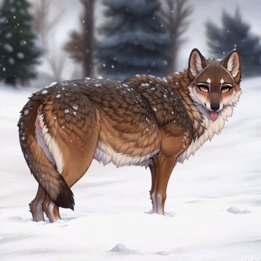 1:1 ai_generated anus belly brown_body brown_fur canid canine canis colored detailed detailed_background eurasian_wolf female feral fur genitals hi_res lungfish1223 mammal orange_eyes pussy snow solo tongue tongue_out white_belly wolf