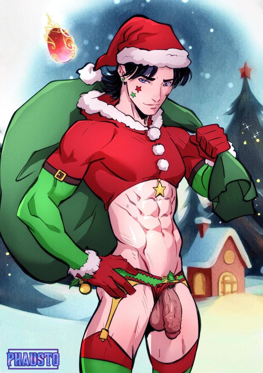 1boy 2023 abs artist_name biceps big_penis christmas christmas_outfit dimensional_soldiers_g male male_only phausto taylor_(dsg) thong underwear veiny_penis