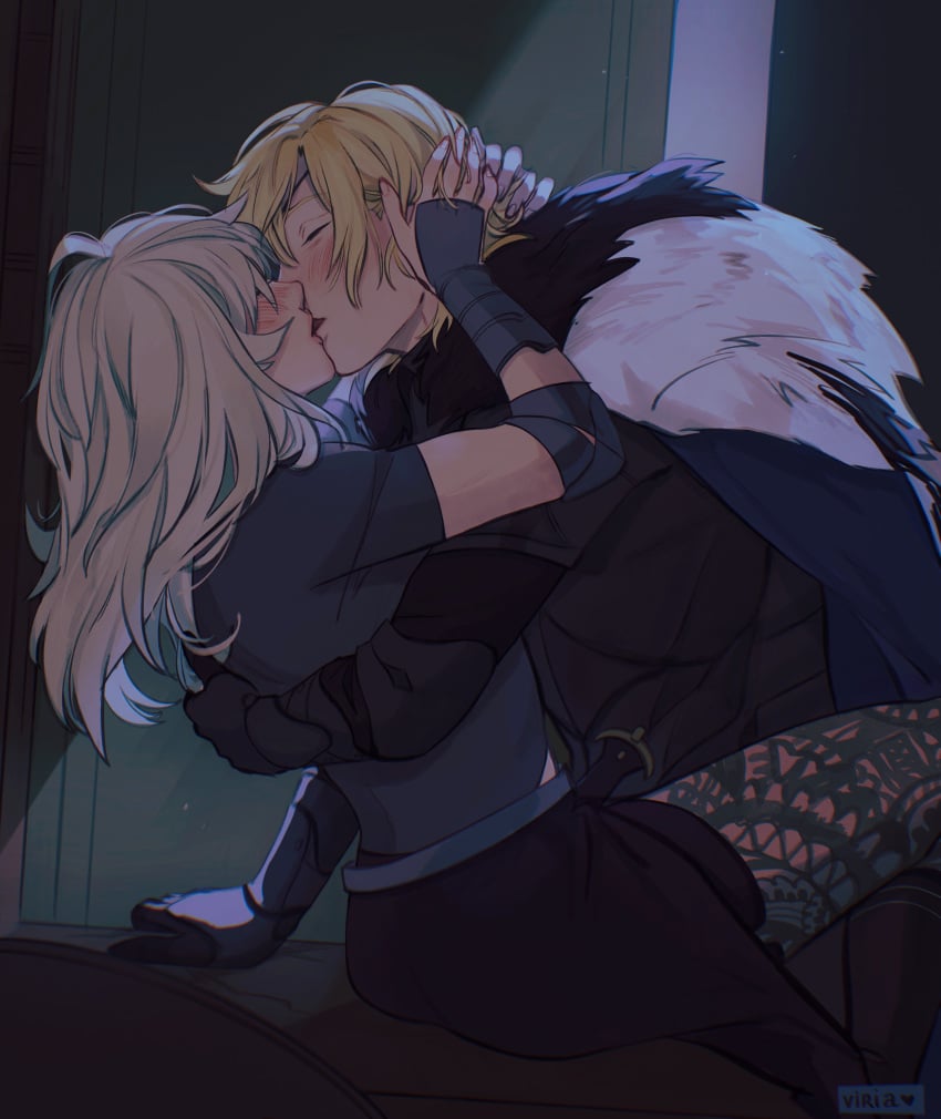 blonde_hair blush blushing_male byleth_(fire_emblem) byleth_(fire_emblem)_(female) closed_eyes dimitri_alexandre_blaiddyd female fire_emblem fire_emblem:_three_houses fully_clothed green_hair kissing leggings male male_blushing nintendo no_sex romantic source_request straight viria13