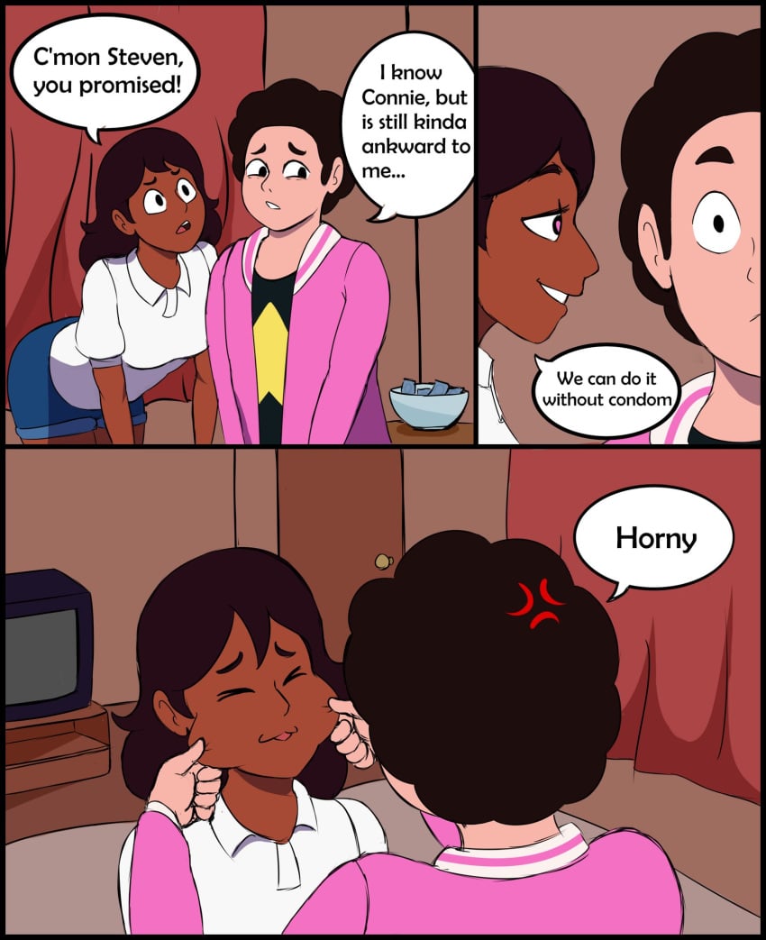 1boy 1girls anger_vein bedroom black_hair canon_couple cartoon_network cartoony closed_eyes comic comic_page connie_maheswaran couple dark-skinned_female demanding_sex devilishrr dialogue english_text female fully_clothed horny_female imminent_sex indoors interracial long_hair male pinching_cheeks pink_jacket short_hair speech_bubble steven_quartz_universe steven_universe straight straight_hair television tongue tongue_out