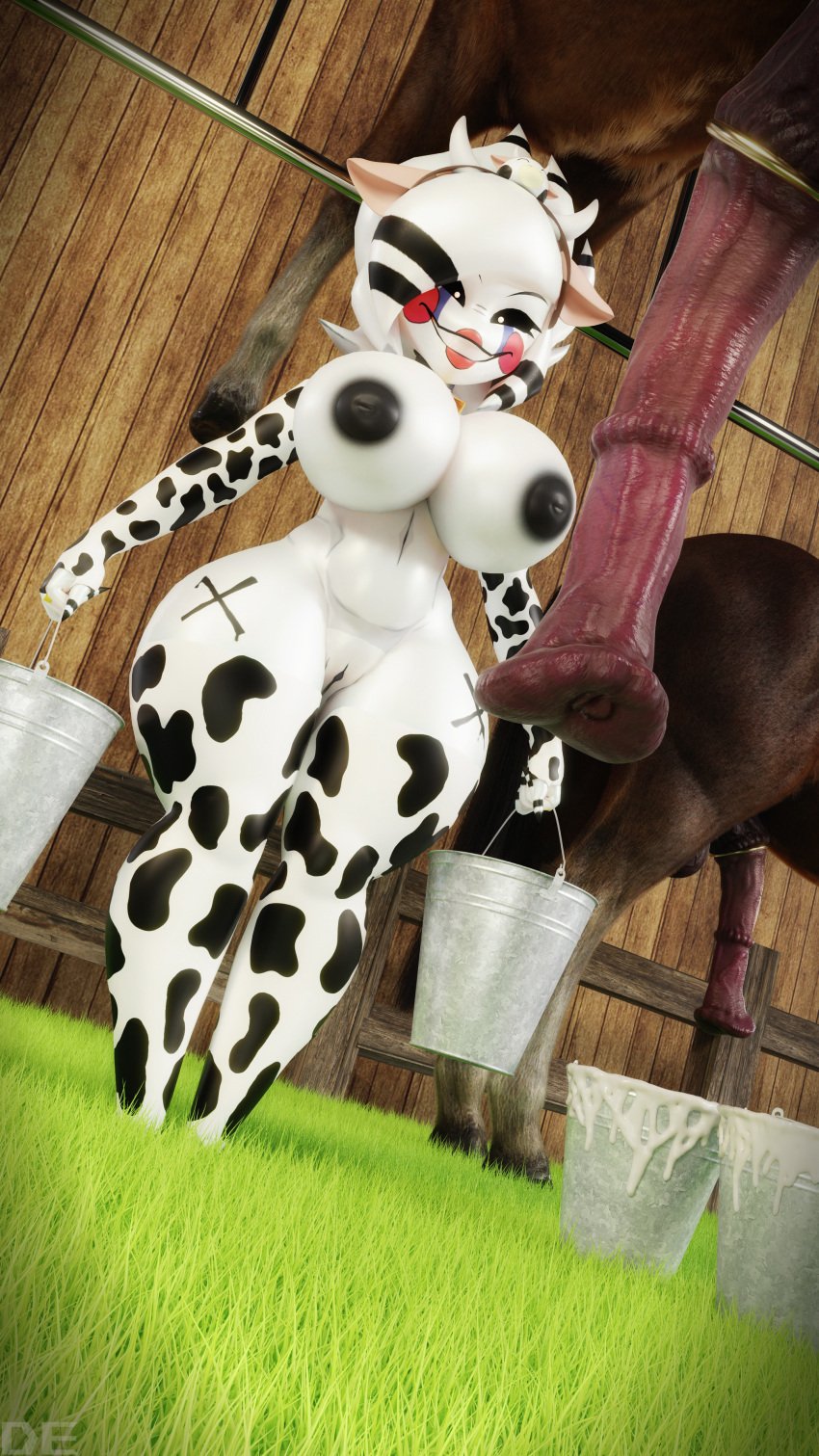 3d_(artwork) 4k 9:16 absurd_res accessory animal_genitalia animal_penis animal_print animal_print_thigh_highs areola balls big_areola big_penis black_eyes black_nipples blender_(artwork) bovid_horn bovine_horn bucket clothing cock_ring container cow_ears cow_horn cow_print cow_print_armwear cow_print_thigh_highs dead_eye_(artist) digital_media_(artwork) duo equid equine equine_genitalia equine_penis erection female fence feral five_nights_at_freddy&#039;s five_nights_at_freddy&#039;s_2 fredina&#039;s_nightclub genitals grass hi_res holding_bucket holding_container holding_object horn horse huge_cock humanoid jewelry legwear male mammal marie_(cryptiacurves) marionette_(fnaf) nipples nude nude_female nude_humanoid outdoor_nudity pattern_clothing pattern_legwear pattern_thigh_highs penile penis penis_accessory penis_jewelry penis_milking plant pussy scottgames smile solo_focus thick_thighs thigh_highs vein veiny_penis watermark wide_hips wood wood_fence zoophilia