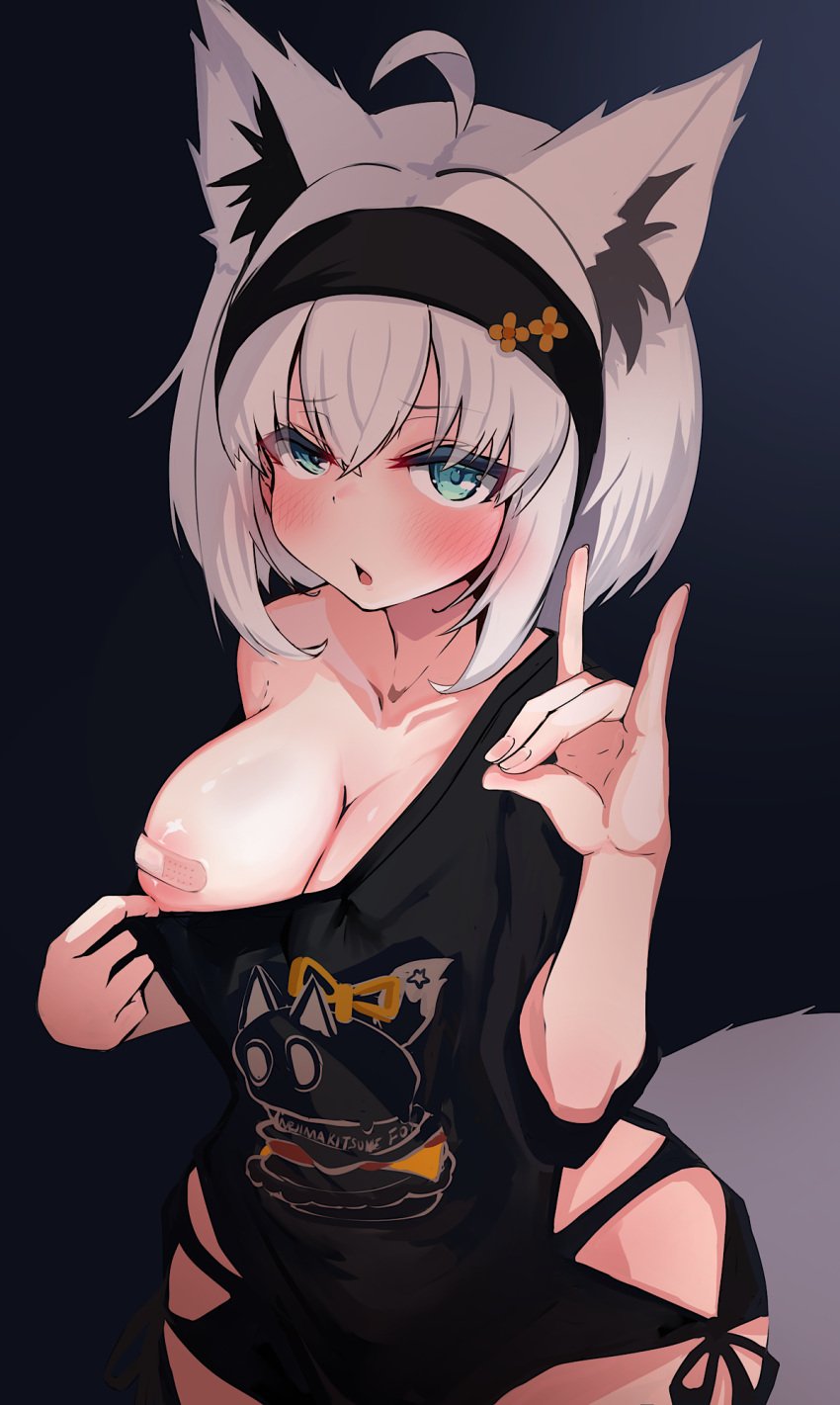 1girls 2023 ahoge animal_ears aqua_eyes areola_slip bandaid bandaids_on_nipples black_hairband black_panties black_shirt blush breasts clothes_pull double-parted_bangs embarrassed female flashing fox_ears fox_girl fox_shadow_puppet grey_hair hair_between_eyes hairband highres hip_vent hololive hololive_gamers hololive_gen_1 hololive_japan kajimakoto large_breasts long_hair looking_at_viewer loungewear nipple_pasties no_bra no_pants off_shoulder official_alternate_costume one_breast_out panties panty_peek pasties print_shirt pulled_by_self shirakami_fubuki shirakami_fubuki_(7th_costume) shirt shirt_pull short_sleeves single_bare_shoulder solo t-shirt underwear virtual_youtuber