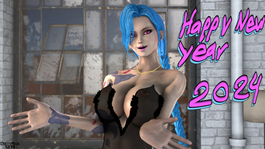 1girls 3d big_breasts blue_eyes blue_hair dirtymansfm female female_only gold_jewelry happy hard_nipples huge_breasts inviting jewelry jinx_(league_of_legends) league_of_legends new_year night pale_skin pierced_nipples piercings purple_eyes riot_games sfm skinny solo source_filmmaker tagme tattoo transparent_clothing visible_nipples