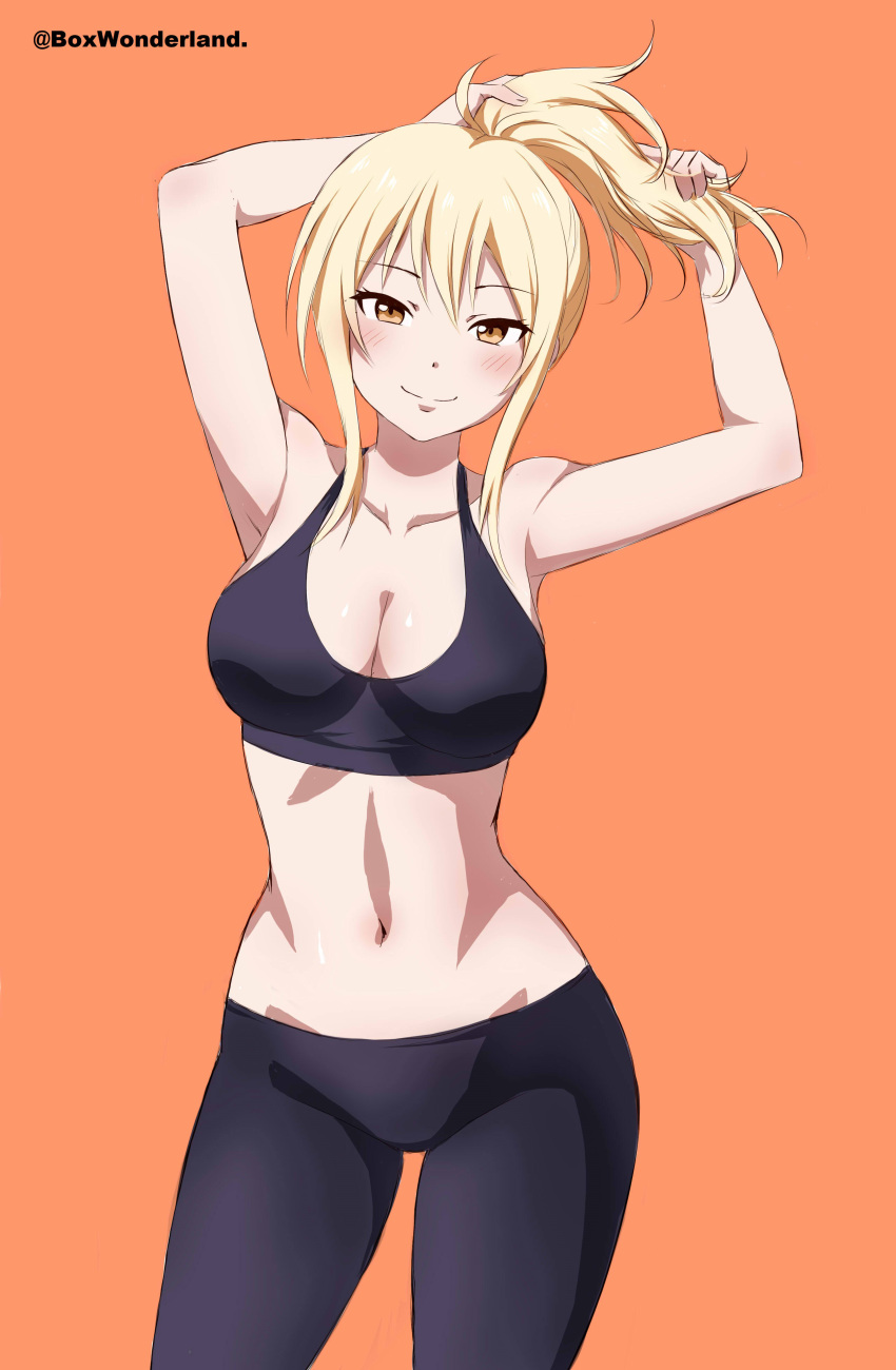 1girl 1girls absurd_res armpits arms_behind_head arms_up artist_name big_breasts black_legwear black_pants black_sports_bra blonde_hair blush box_wonderland bra breasts cleavage closed_mouth cowboy_shot female female_focus female_only hi_res high_ponytail large_breasts leggings looking_at_viewer love_live! love_live!_nijigasaki_high_school_idol_club midriff miyashita_ai navel orange_background orange_eyes pants pinup ponytail pose posing sidelocks simple_background smile solo solo_female solo_focus sports_bra sportswear stomach tied_hair yoga_pants