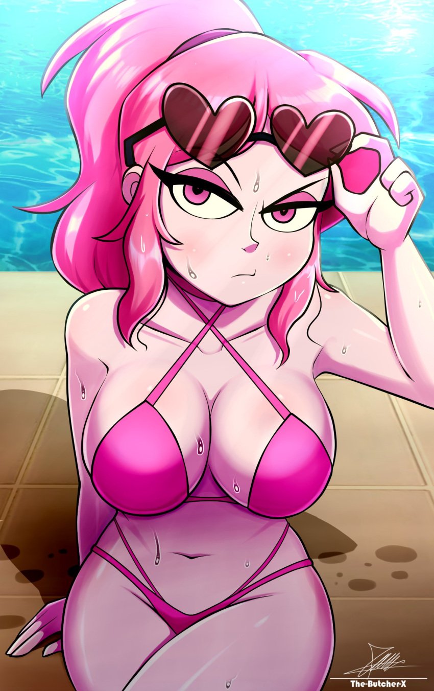 annoyed annoyed_expression armpit big_breasts cartoon covered_in_water female_only heart_glasses miss_heed_(villainous) pink_bikini pink_body pink_hair pool the-butch-x the_butcher_(artist) villainous