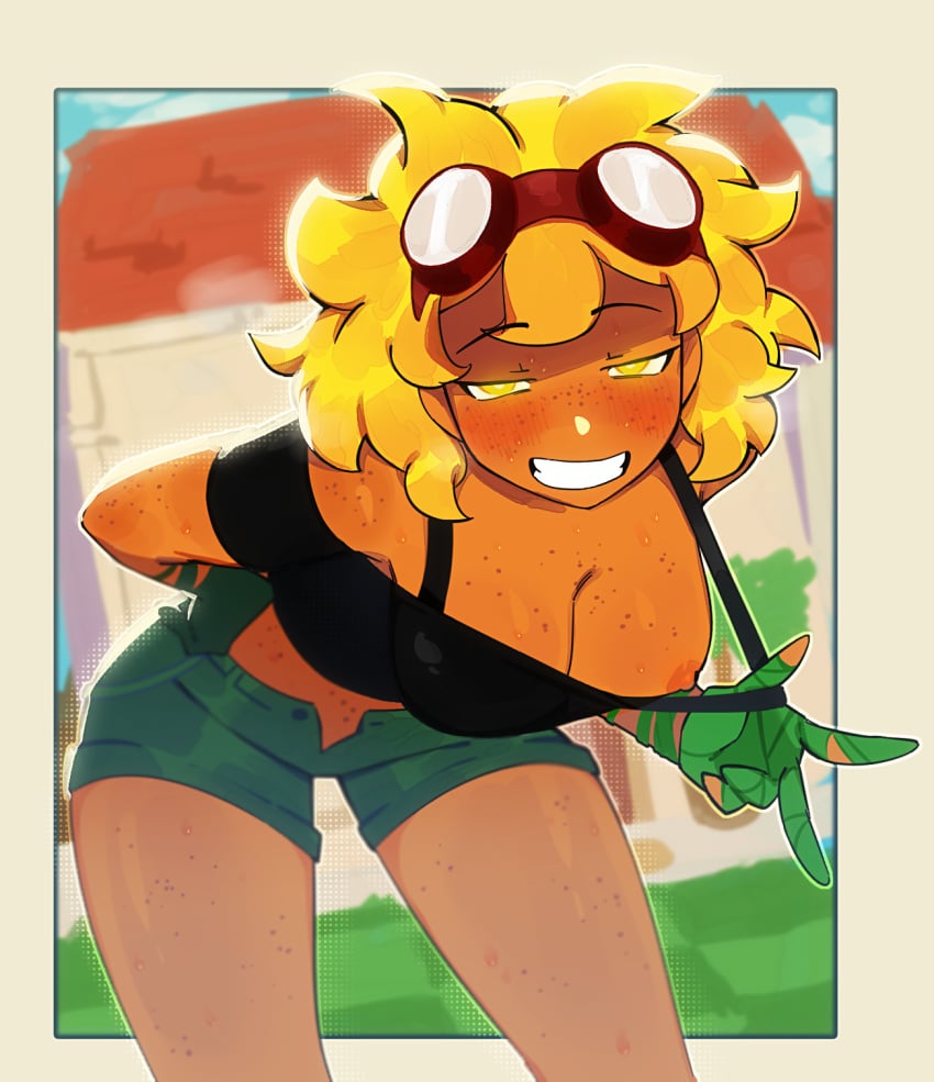 background blonde_hair blush crop_top dark_skin freckles gijinka goggles grin jean_shorts meow_boop nipple_slip plants_vs_zombies sunflower_(pvz) yellow_eyes