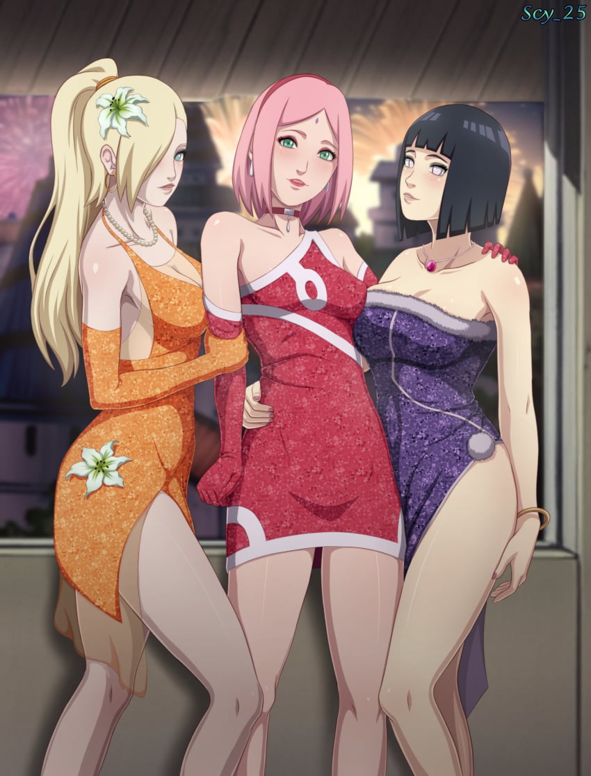 2024 3girls adapted_costume big_breasts blonde_hair blue_hair blush boruto:_naruto_next_generations breasts choker collar dress earrings female female_focus female_only fireworks flower flower_in_hair hair_ornament happy_new_year hokage_office hyuuga_hinata indoors ino_yamanaka jewelry lipstick makeup mature mature_female milf multiple_girls naruto naruto_(series) new_year office pearl_necklace pendant pink_hair ponytail revealing_clothes sakura_haruno scy_25 short_hair standing take_your_pick window