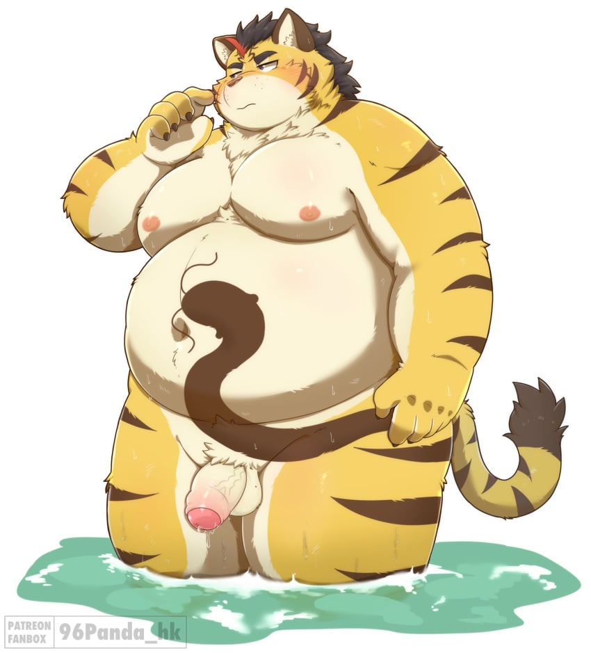 2023 96panda anthro balls belly big_belly blush felid flaccid genitals hi_res hitachi_(tamacolle) kemono male mammal moobs navel nipples overweight overweight_male pantherine penis solo tamacolle tiger