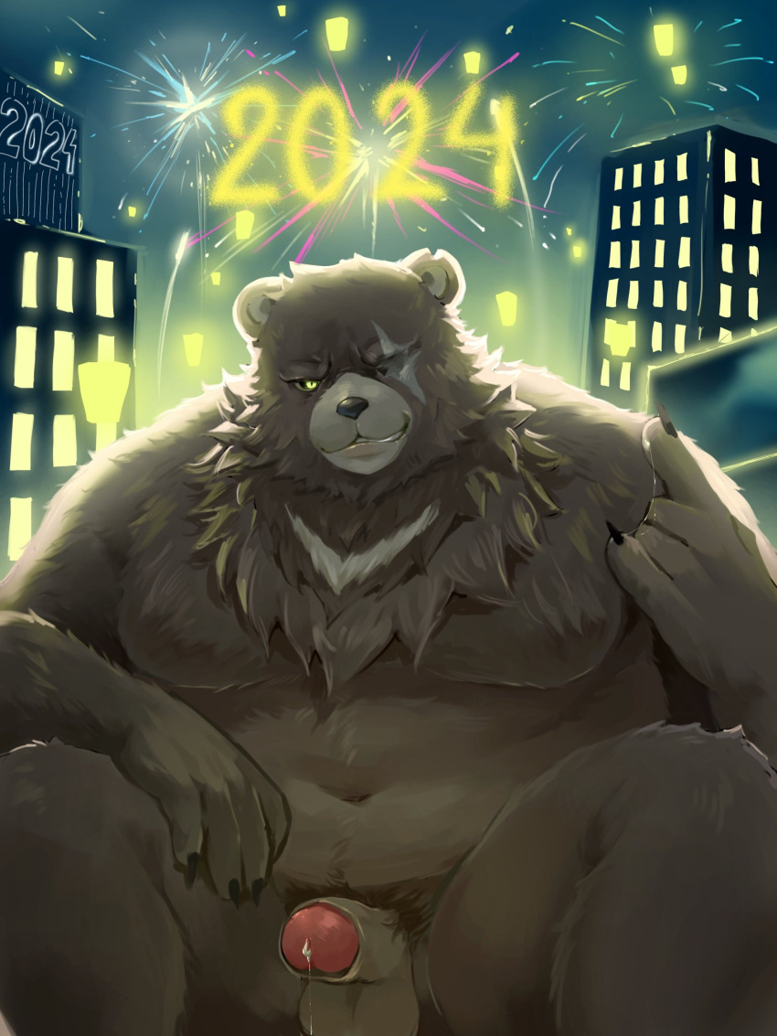 2024 anthro balls bear belly ben_(zenless_zone_zero) ben_bigger big_belly colaoaoiacquy detailed_background fireworks genitals hi_res holidays humanoid_hands kemono male male_only mammal mihoyo moobs navel new_year night outside overweight overweight_male penis scar solo zenless_zone_zero