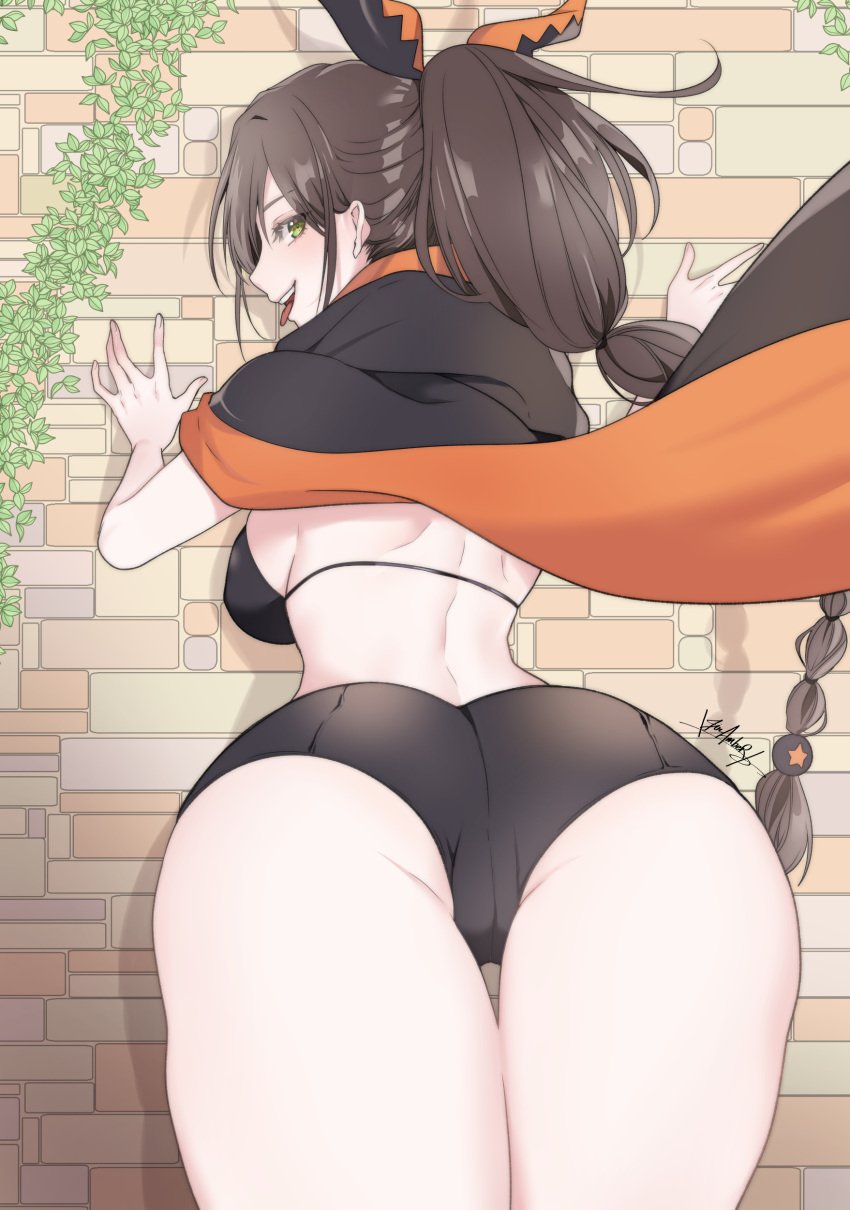 absurdres against_wall ass backboob beckoning big_ass bikini breasts come_hither female highres huge_ass large_breasts looking_at_viewer looking_back naughty_face ponytail re:zero_kara_hajimeru_isekai_seikatsu shaula_(re:zero) short_shorts shorts solo swimsuit tagme teasing thick_thighs thighs tongue tongue_out