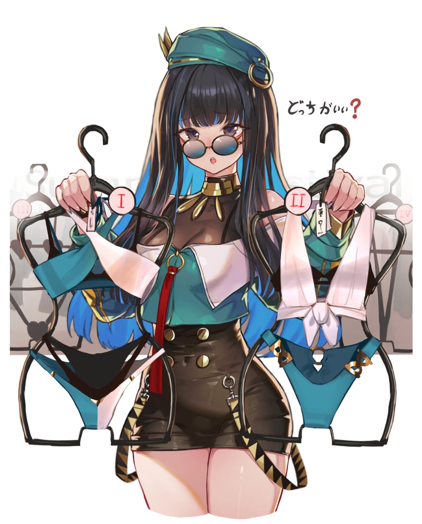 1girls beret bikini black_hair black_shorts blue-tinted_eyewear blue_hair breasts clothes_hanger clothes_store colored_inner_hair eyeliner fate/grand_order fate_(series) green_bikini green_jacket green_swimsuit grey_eyes hat holding_clothes_hanger jacket long_hair looking_at_viewer looking_over_eyewear looking_over_glasses looking_over_sunglasses makeup medium_breasts multicolored_hair neck_ring o-ring o-ring_bikini o-ring_swimsuit shopping shorts sunglasses swimsuit tenochtitlan_(fate) tinted_eyewear tlaloc_(fate) ura_illust