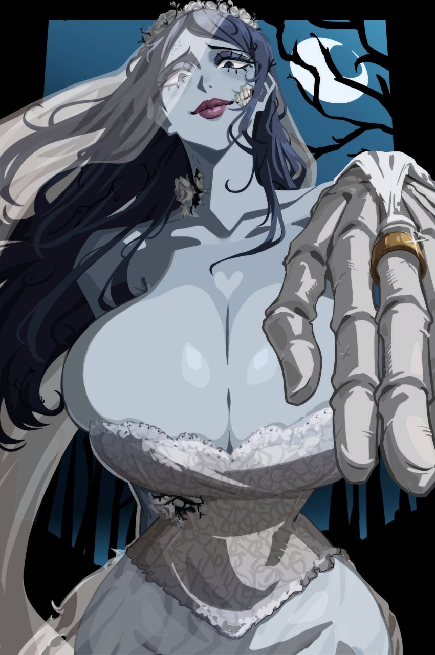 1girls 2023 2d 2d_(artwork) alecto_0 bare_shoulders blue_eyes blue_female blue_hair blue_skin boobs breasts bride cleavage clothing color corpse_bride corset dress emily_(corpse_bride) fanart full_color heart heart_(marking) hips hourglass_figure huge_breasts large_breasts long_hair looking_at_viewer massive_breasts monster_girl movie necrophilia purple_lips purple_lipstick ring rose smile smiling_at_viewer very_long_hair voluptuous voluptuous_female warner_brothers wedding_ring wedding_veil white_dress white_rose zombie zombie_girl