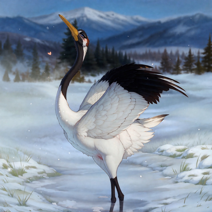 1:1 ai_generated avian beak bird colored crane_(bird) detailed detailed_background feathers female feral feral_only genitals gruiform grus_(genus) hi_res long_legs lungfish1223 pussy red-crowned_crane snow solo solo_feral white_body white_feathers yellow_beak