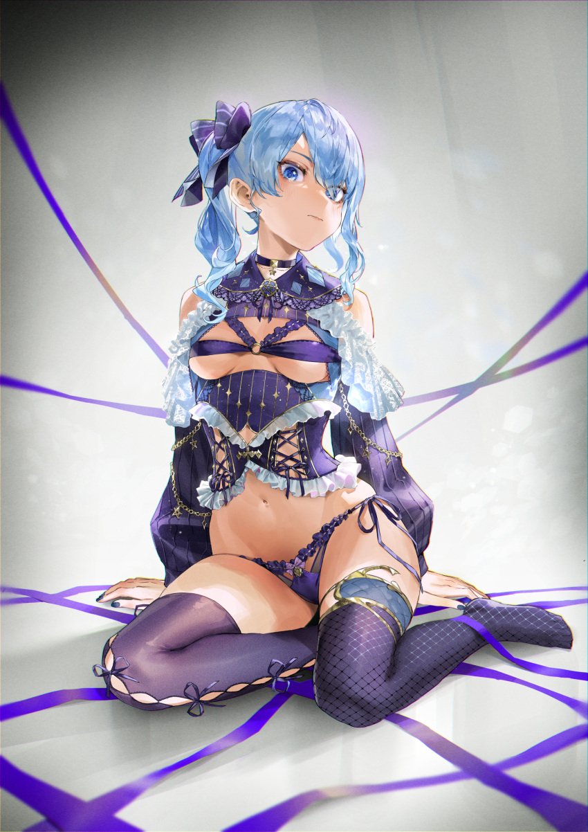 1girls 2023 absurdres adapted_costume bare_shoulders black_choker blue_bra blue_eyes blue_hair blue_panties blue_ribbon bound bra breasts choker corset female full_body fur_trim high_side_ponytail highres hololive hololive_gen_0 hololive_japan hoshimachi_suisei hoshimachi_suisei_(stellar_into_the_galaxy) kuroi_suna lingerie navel no_shoes panties revealing_clothes ribbon ribbon_bondage sitting small_breasts solo stomach thighhighs underwear virtual_youtuber yokozuwari