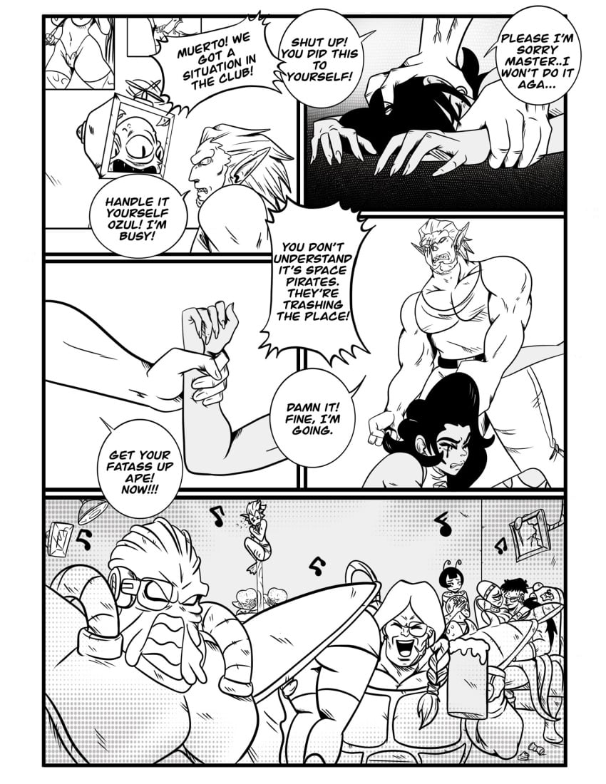 alcohol beer black_and_white comic comic_page dialogue dragon_ball dragon_ball_z femboy feminine_male long_hair male_only original_character speech_bubble stripper_pole ukevegeta13 yam_(ukevegeta13)