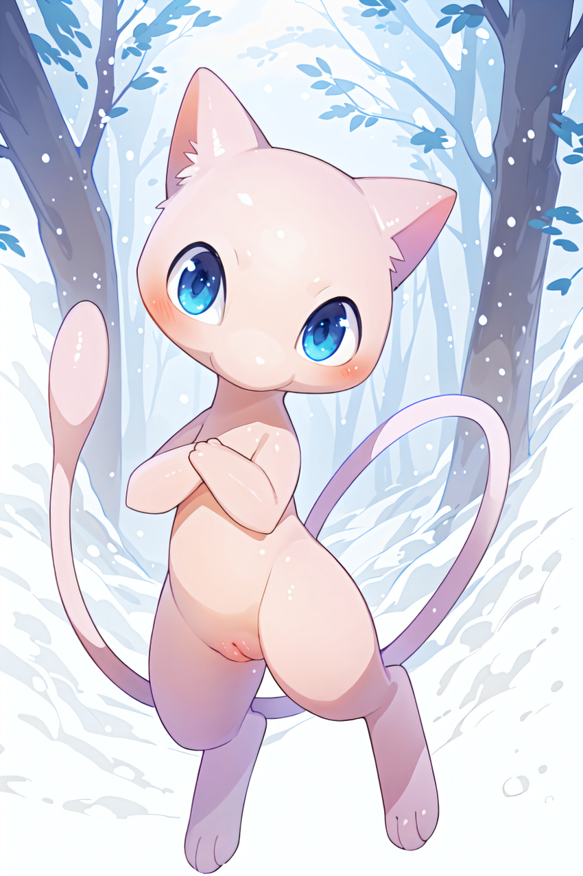 1girls ai_generated anthro anthro_only blue_eyes blush blush_lines cute female female_only forest_background in_forest legendary_pokemon looking_at_viewer mengxi mew mythical_pokemon paws pink_body pink_fur pokemon pokemon_(species) pokemon_rgby pussy snow snowing tail winter