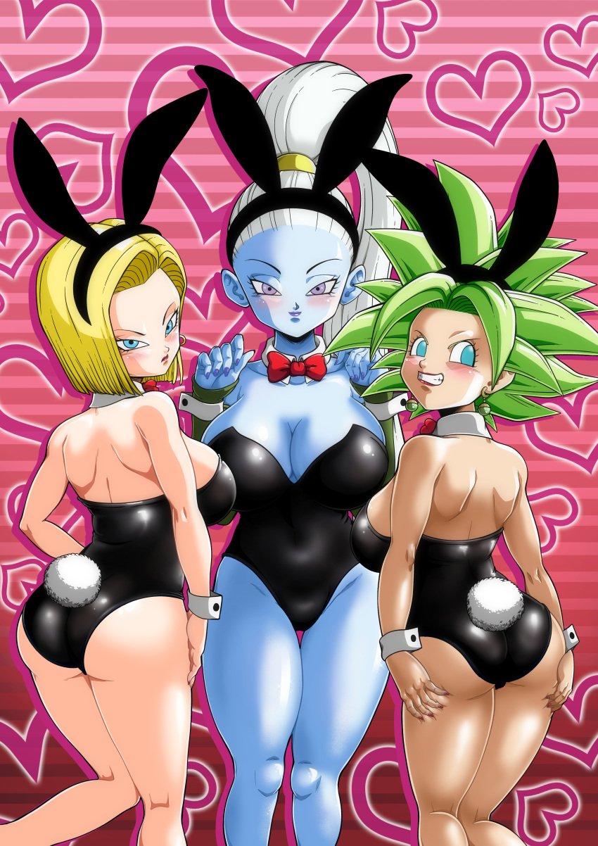 3girls android android_18 angel_(dragon_ball) ass big_ass big_breasts blonde_hair blue_body blue_eyes blue_skin bob_cut bowtie breasts bunny_ears bunnysuit dat_ass dragon_ball dragon_ball_super dragon_ball_z edit edited female female_only franfuentesart2 green_hair kefla legendary_super_saiyan light-skinned_female light_skin lipstick presenting_ass saiyan super_saiyan super_saiyan_2 thighs third-party_edit universe_6/universe_7 vados voluptuous voluptuous_female white_hair