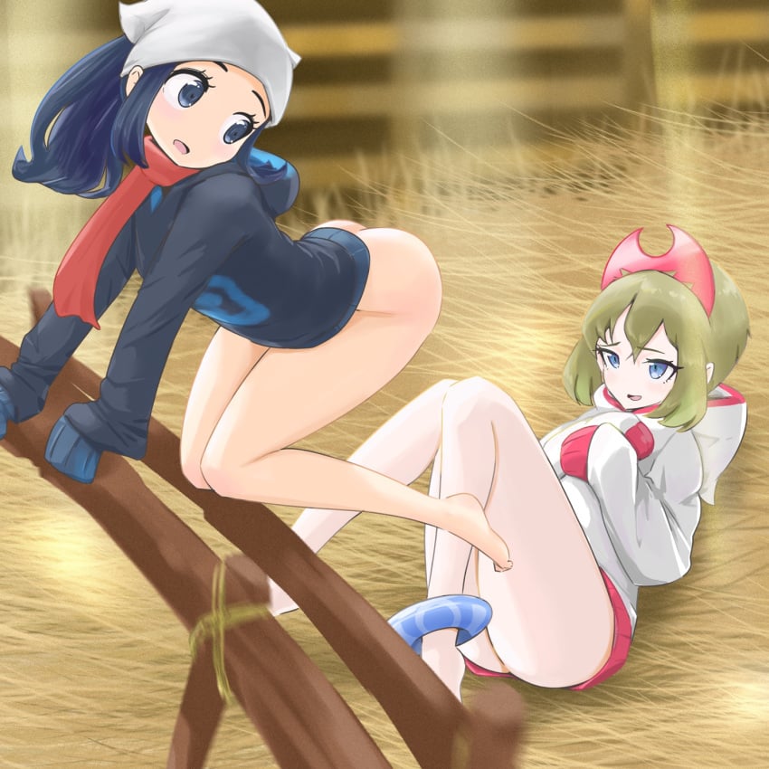 2girls akari_(pokemon) ass clothing female female_only huge_ass human human_only irida_(pokemon) microsd_(artist) multiple_girls nintendo pokemon pokemon_legends:_arceus thick_thighs