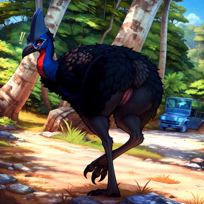 1:1 ai_generated avian beak bird black_beak black_body cassowary colored detailed detailed_background female feral genitals hi_res lungfish1223 presenting pussy ratite red_eyes solo southern_cassowary talons