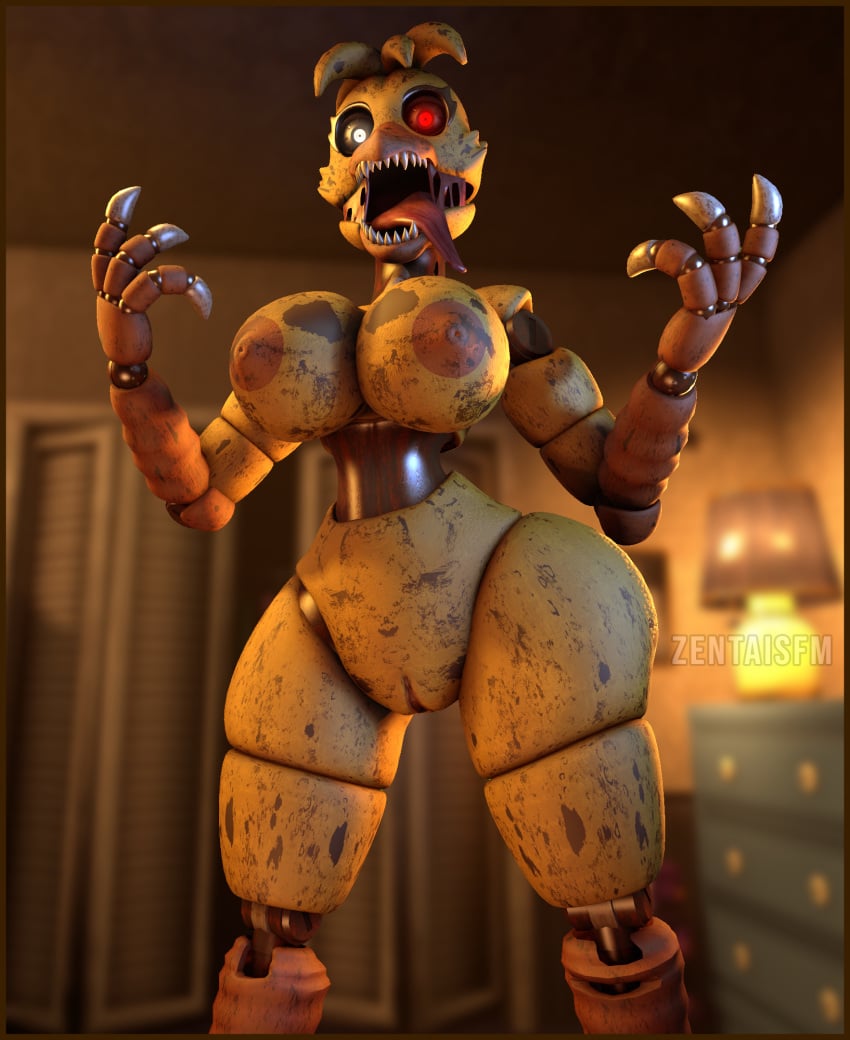 2022 3d_(artwork) animatronic anthro avian big_breasts bird border breasts chicken digital_media_(artwork) female fingers five_nights_at_freddy's five_nights_at_freddy's_4 galliform gallus_(genus) genitals glowing glowing_eyes hi_res inside lamp long_tongue looking_back machine metallic_body nightmare_chica nightmare_chica_(fnaf) nipples orange_body orange_border phasianid pussy red_eyes robot scottgames sharp_teeth solo teeth tongue white_eyes wide_hips yellow_body zentaisfm