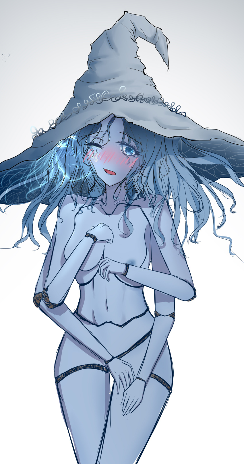 1girls 4_arms angelwingart blue_body blue_eyes blue_hair blue_nipples blue_skin blush blush_lines blushing covered_nipples covering_breasts doll elden_ring female female_only fromsoftware functionally_nude functionally_nude_female ranni_the_witch witch witch_hat