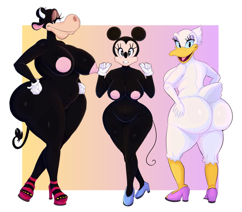 anatid anseriform anthro anthro_only ass avian bedroom_eyes belly big_butt bird boolishclara bovid bovine breasts cattle clarabelle_cow clothing daisy_duck disney duck female footwear hi_res high_heels mammal minnie_mouse mouse murid murine narrowed_eyes pose rodent seductive thick_thighs