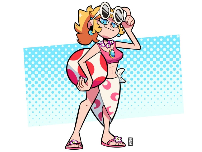 1girls alternate_outfit beach_ball blonde_hair blue_eyes female female_only flat_colors flip_flops full_body joshdamn23 looking_at_viewer mario_(series) nintendo pink_nails ponytail princess_peach sandals sarong simple_background solo standing sunglasses_on_head super_mario_odyssey swimsuit y2k