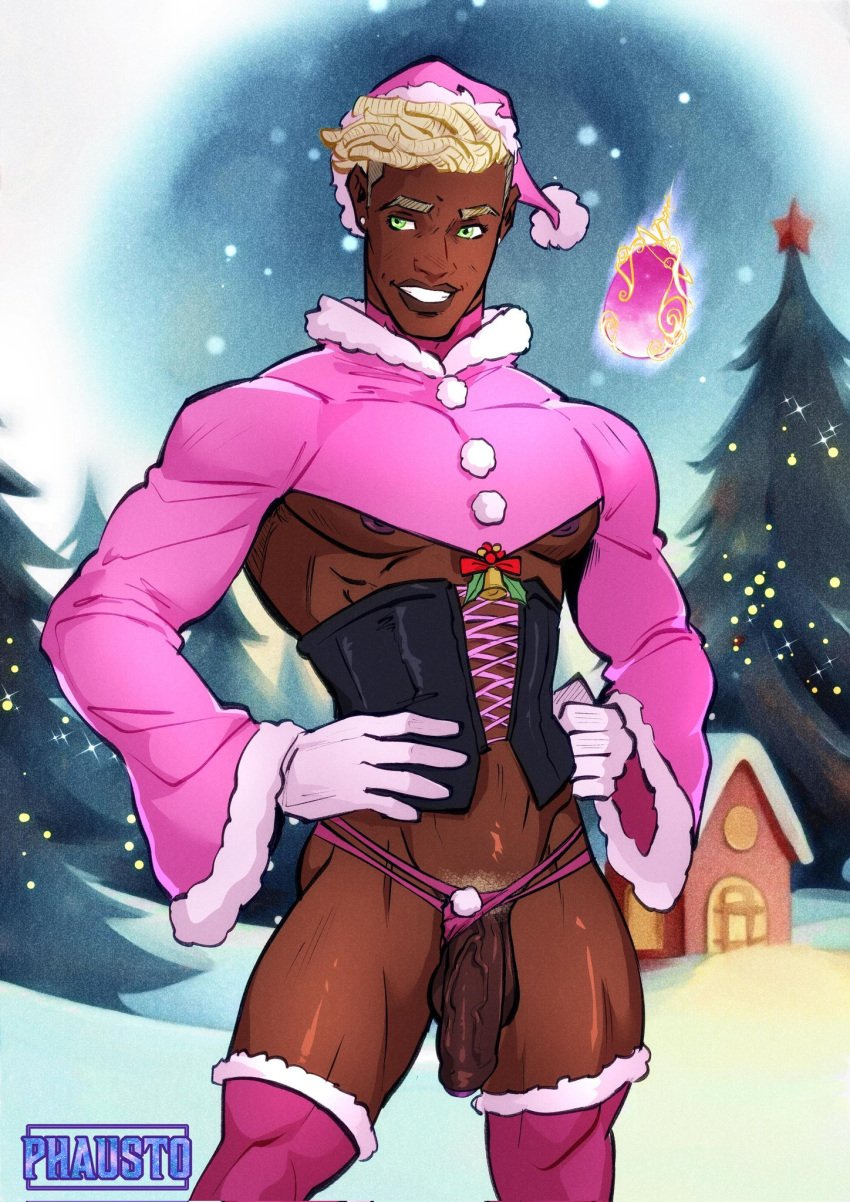 1boy 2023 abs artist_name biceps big_penis christmas christmas_outfit dark-skinned_male dark_male_only dark_skin dimensional_soldiers_g flaccid flaccid_penis huge_penis kyle_(dsg) male male_only melanin muscles muscular muscular_male penis phausto thong underwear veiny_penis