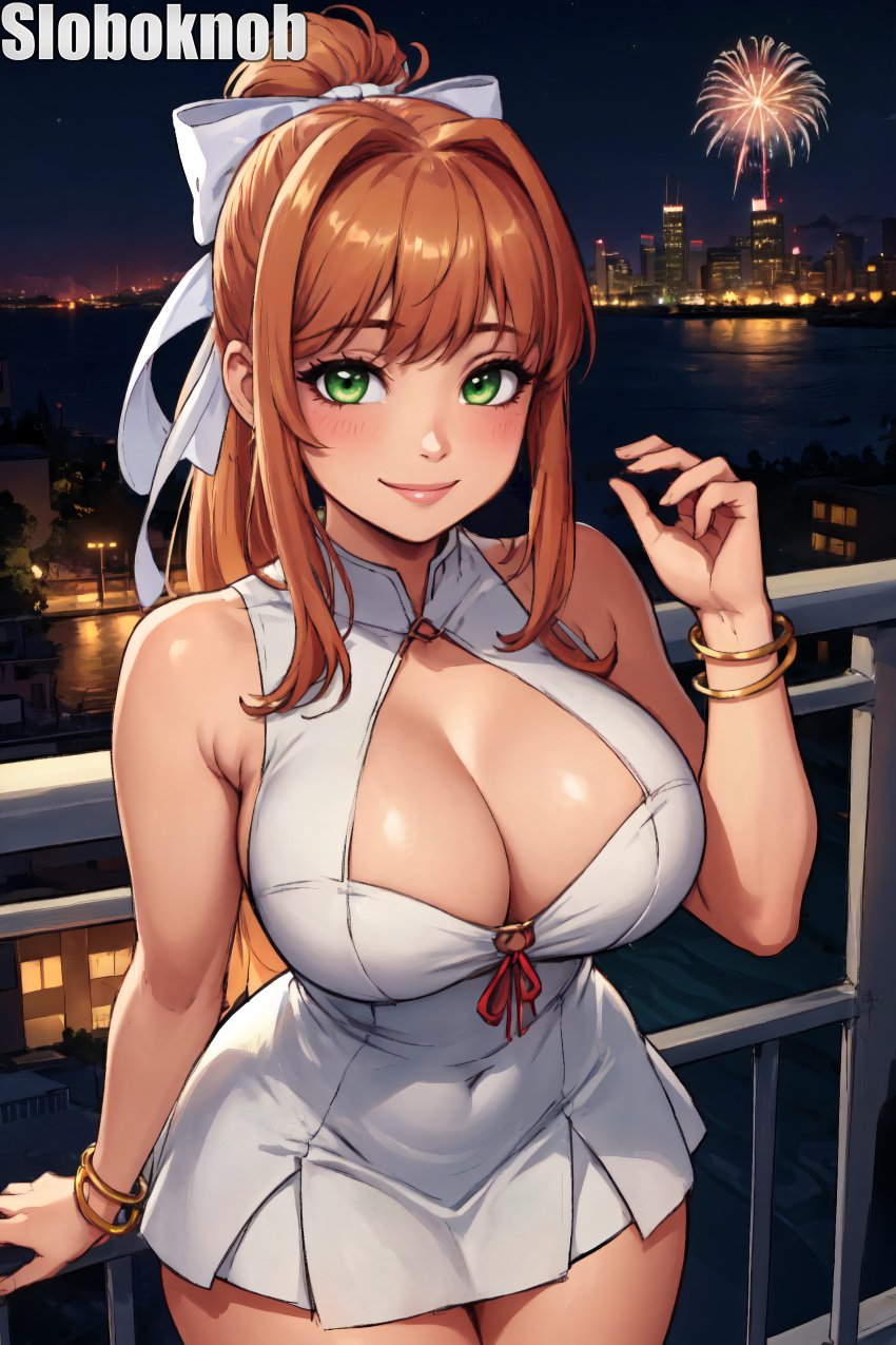 1girls ai_generated asian asian_female balcony bracelet breasts brown_hair city cleavage cleavage_cutout doki_doki_literature_club dress fireworks green_eyes hair_ornament hi_res huge_breasts looking_at_viewer monika_(doki_doki_literature_club) new_year new_year_2024 night outdoors ponytail sloboknob smile solo standing thick_thighs white_bow white_dress