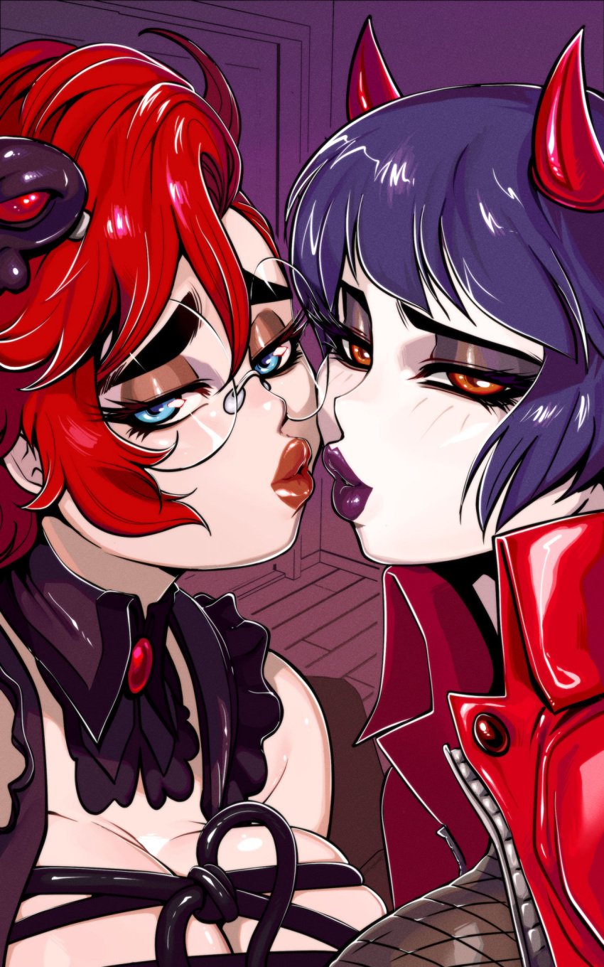 2girls balak faces_touching goth huge_breasts lipstick looking_at_viewer makeup maxine_(balak) multiple_girls plump_lips purple_hair red_hair