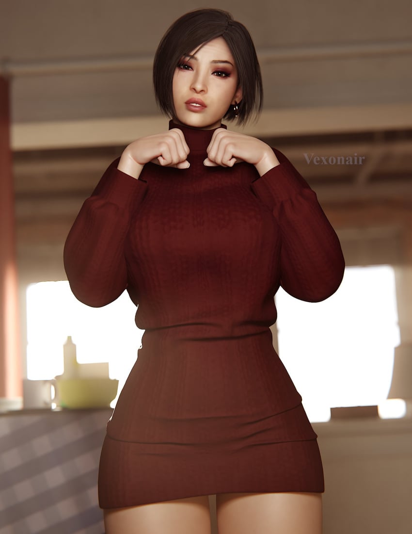 1girls 3d 3d_(artwork) 3d_model ada_wong ada_wong_(adriana) alternate_costume asian asian_female black_hair bob_cut capcom cat_pose clothed cozy ear_ring earrings eyelashes eyeshadow female_only front_view hazel_eyes head_tilt indoors large_breasts light-skinned_female light_skin lipstick looking_at_viewer makeup mommy mouth_open red_lipstick red_sweater red_turtleneck red_turtleneck_sweater resident_evil resident_evil_2 resident_evil_2_remake resident_evil_4 resident_evil_4_remake short_hair showing_teeth smile smiling smiling_at_viewer solo solo_female solo_focus sweater_dress thick_thighs thighs turtleneck turtleneck_sweater vexonair