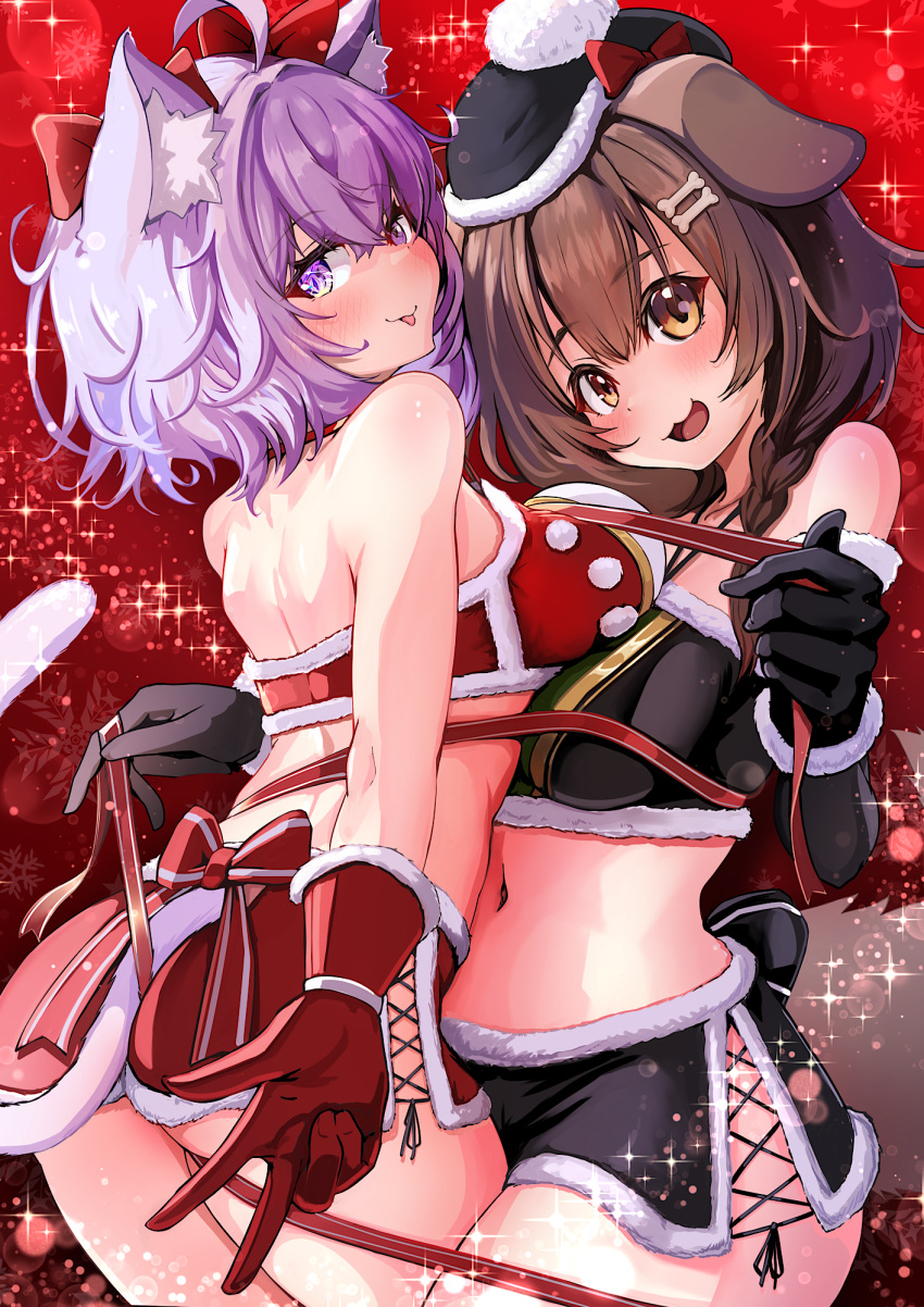 2023 2girls :d :p ahoge alternate_version_available animal_ears asymmetrical_docking bikini bikini_skirt black_bikini black_gloves blush bound breast_press breasts brown_eyes brown_hair cat_ears cat_girl cat_tail cross-laced_clothes cross-laced_skirt cross-laced_slit dog_ears dog_girl dog_tail female fur-trimmed_bikini fur-trimmed_gloves fur_trim gloves highres hololive hololive_gamers hololive_japan inugami_korone kajimakoto looking_at_viewer midriff multiple_girls navel nekomata_okayu paid_reward_available purple_eyes purple_hair red_background red_bikini red_gloves ribbon ribbon_bondage santa_bikini santa_costume short_hair side_slit skirt smile swimsuit tail thigh_straddling tongue tongue_out virtual_youtuber