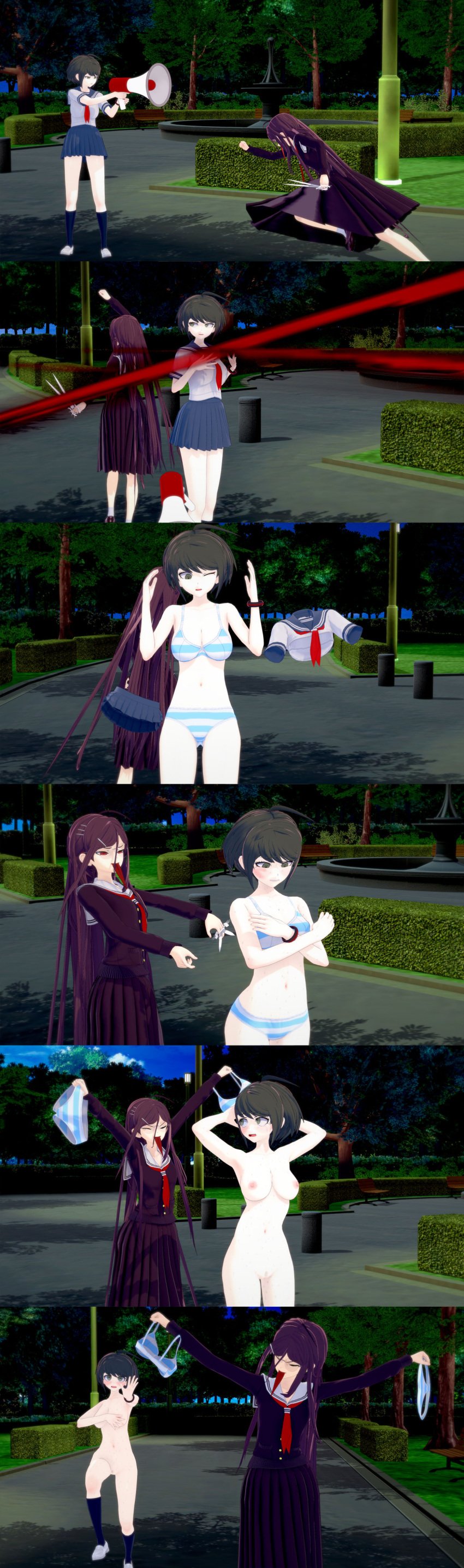 2girls breasts danganronpa danganronpa_ultra_despair_girls female female_only fukawa_touko genocider_shou multiple_girls naegi_komaru public public_exposure public_humiliation public_nudity pussy stolen_clothes tagme torn_clothes torn_clothing ultimateenf