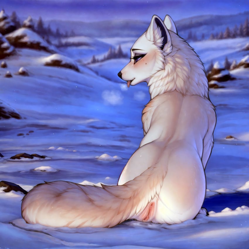 1:1 ai_generated arctic_fox canid canine colored detailed detailed_background female feral feral_only fox fur genitals hi_res incorrect_anatomy lungfish1223 mammal presenting purple_eyes pussy sitting snow solo solo_feral tongue tongue_out white_body white_fur