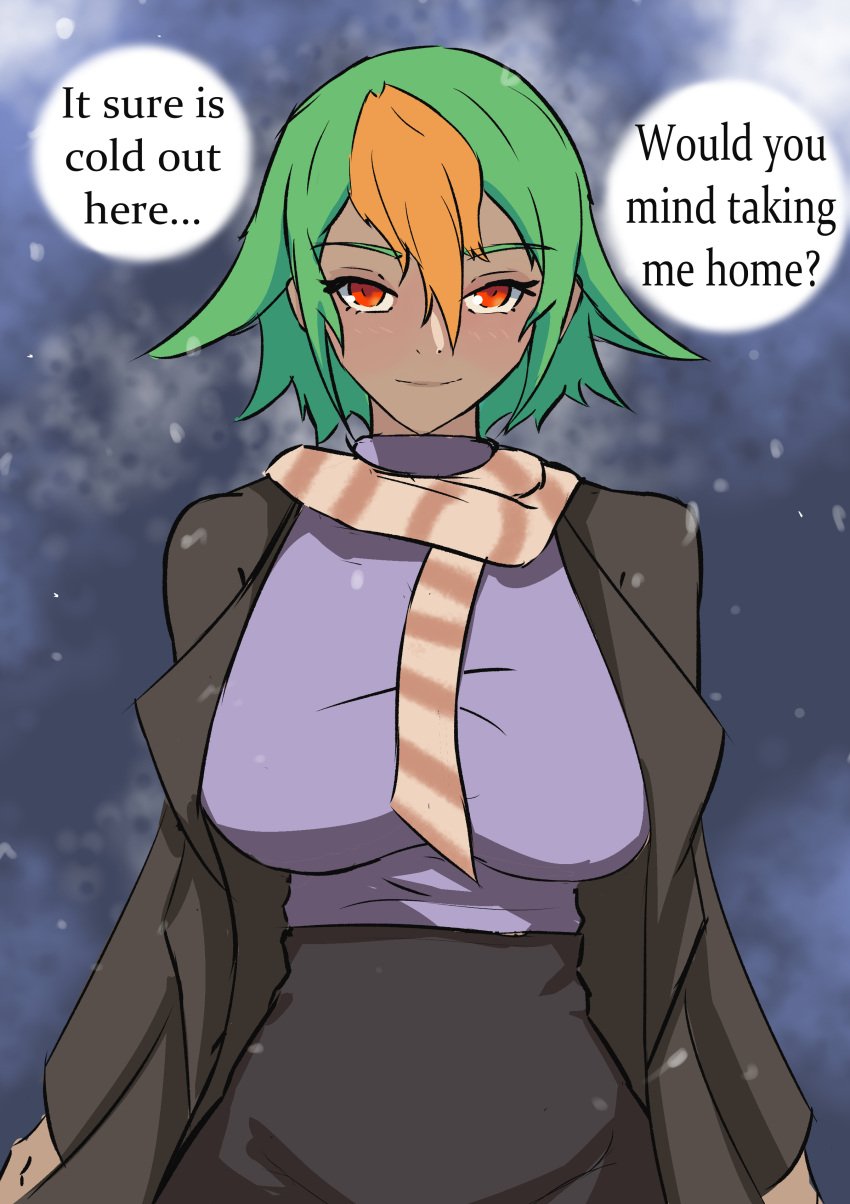 1girls breasts cold dark-skinned_female dark_skin english_text female female_only fire_emblem fire_emblem_heroes green_hair in2naps jacket laegjarn_(fire_emblem) large_breasts looking_at_viewer multicolored_hair nintendo outdoors red_eyes scarf short_hair skirt smile snow solo text winter