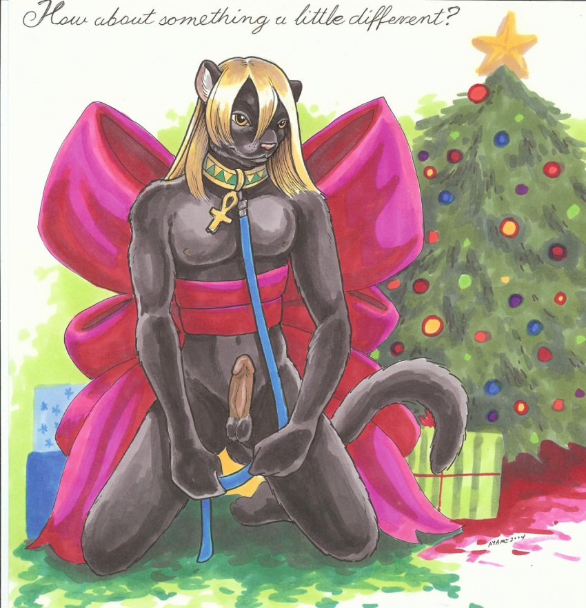 2004 anthro ayame_emaya bow christmas christmas_tree collar felid feline furry leash male nipples panther penis ribbon solo solo_male testicles