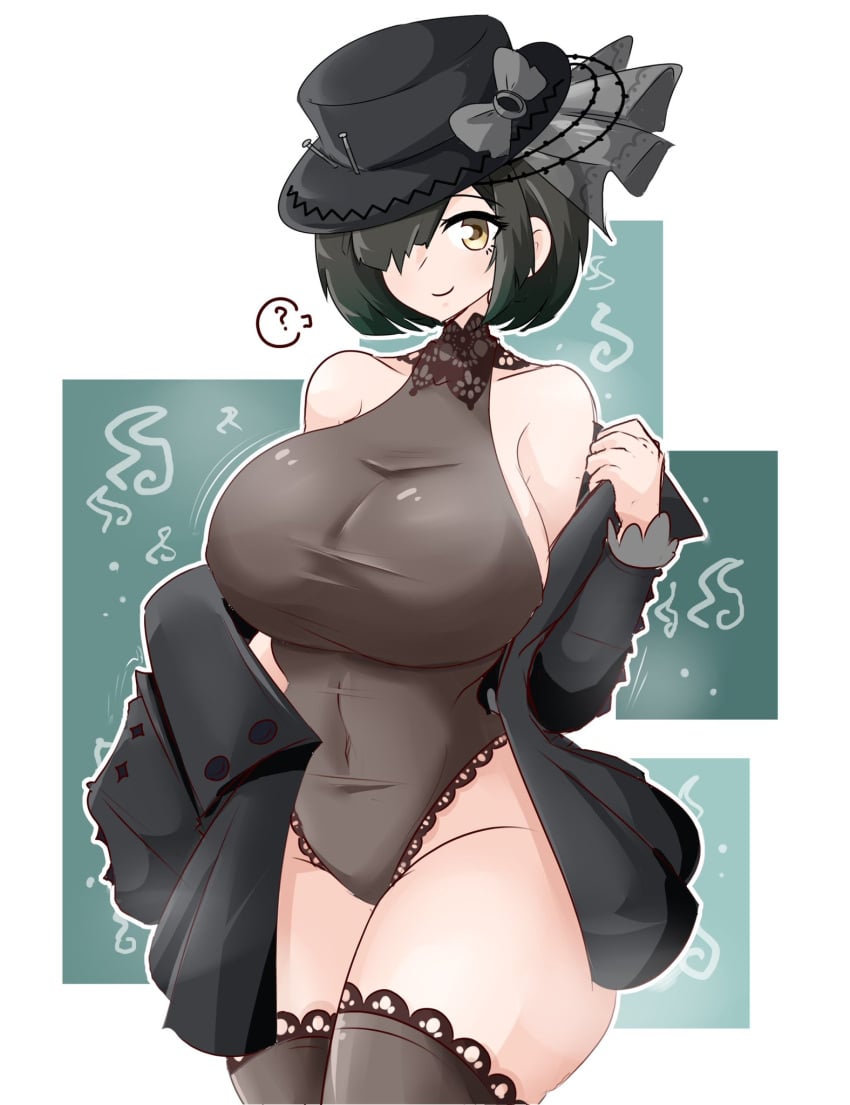 1girls black_hair breasts cleavage coat female hair_over_one_eye huge_breasts light-skinned_female light_skin looking_at_viewer necrologist reverse:1999 short_hair smile solo standing thick_thighs thighhighs thighs tight_clothing yellow_eyes