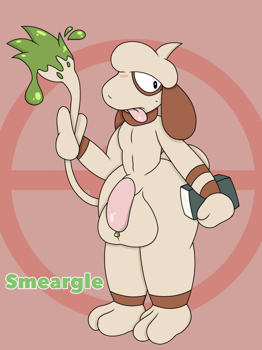 anthro balls big_balls big_penis blush brown_body brown_fur eye_ring fennicdafox floppy_ears foxidafox fur generation_2_pokemon genitals green_paint green_precum hi_res looking_back male male_only nintendo paint penis pink_penis pokemon pokemon_(species) smeargle solo tan_body tan_fur thick_thighs tongue tongue_out