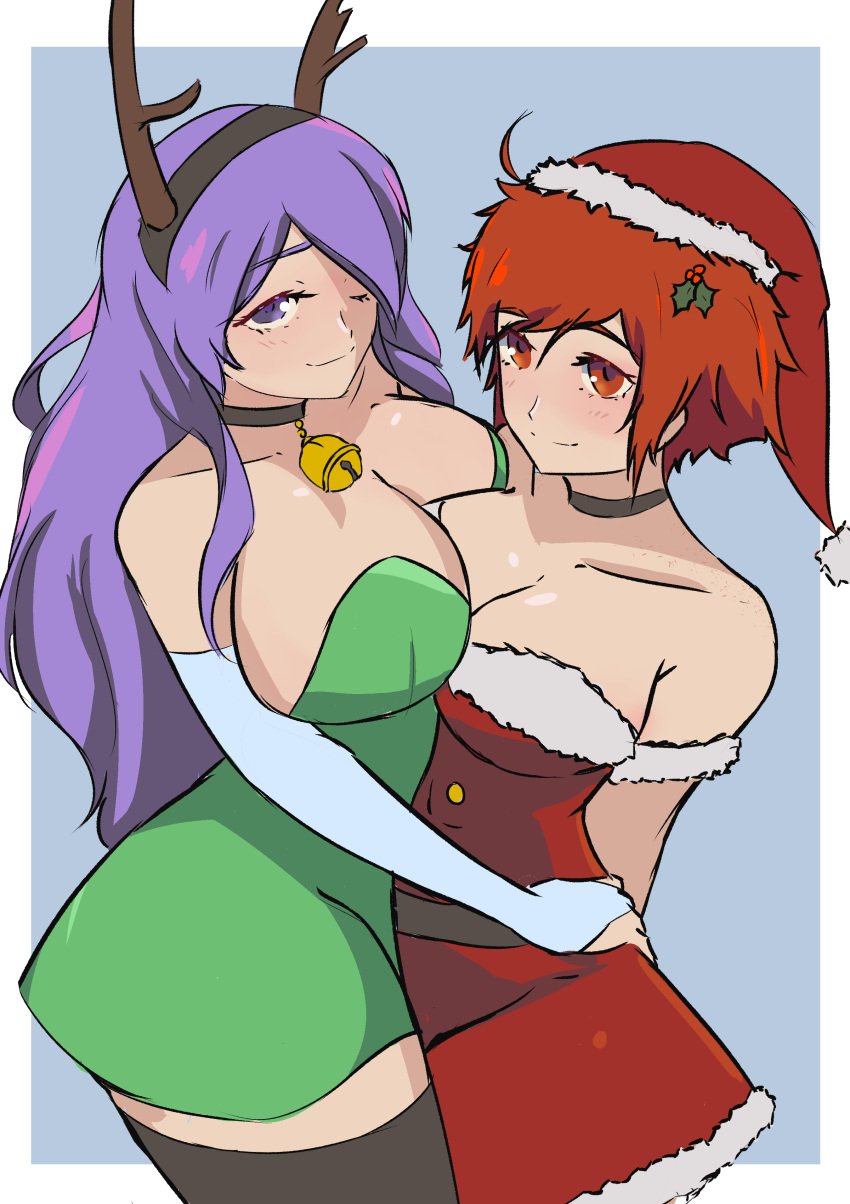 2girls ;) alternate_costume asymmetrical_docking bare_shoulders bare_thighs breast_press breasts bridal_gauntlets camilla_(fire_emblem) choker christmas collarbone dress female female_only fire_emblem fire_emblem_fates from_below hair_over_one_eye hat hinoka_(fire_emblem) in2naps large_breasts long_purple_hair looking_at_viewer looking_up medium_breasts multiple_girls nintendo one_eye_closed orange_eyes orange_hair purple_eyes purple_hair santa_hat short_hair short_red_hair shoulders smile thick_thighs thighhighs thighs wink