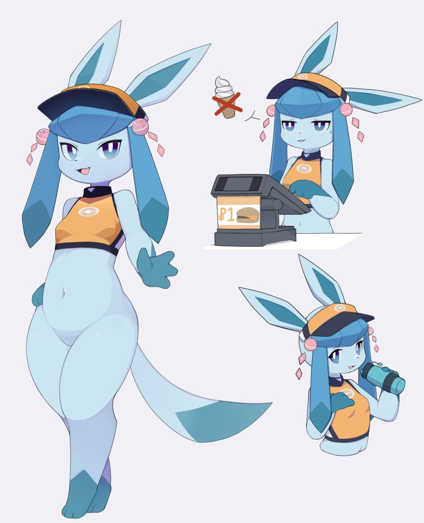 2023 blue_body blue_eyes breasts cash_register chubby chubby_female cute eeveelution featureless_crotch female female_only furry furry_only generation_4_pokemon glaceon ice_cream litee multiple_poses navel orange_unite_style_glaceon pokémon_(species) pokemon pokemon_(species) pokemon_dppt pokemon_unite simple_background slightly_chubby slightly_chubby_female small_breasts water_bottle wholesome