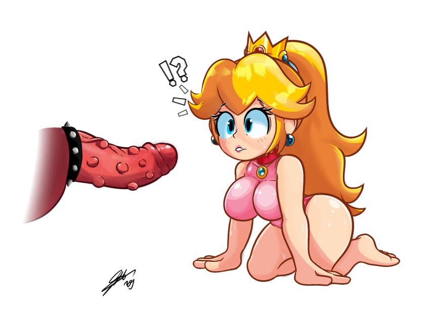 1girls big_penis blue_eyes bottomless bowser clothed clothing cock_ring crown disembodied_penis erection female female_focus female_only huge_cock human kneeling leotard light_skin mario_(series) nuggnogg partially_clothed penis princess princess_peach solo_focus