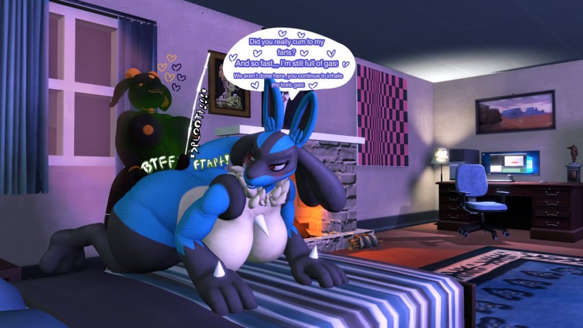 anthro ass_bigger_than_head ass_grab assjob bed black_fur black_goat_(inscryption) blue_fur computer cum cumshot fart fart_cloud fart_fetish fart_on_dick farting_on_dick female furry futanari goat horns hot_dogging lucario monitor painting pokémon_(species) pokemon pokemon_(species) sfm source_filmmaker udongoat yiff