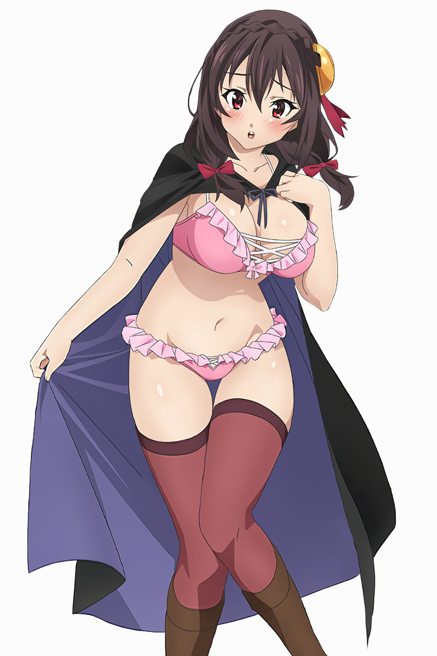 1girls belly belly_button big_breasts bikini black_cape blush blush_lines boots bra braided_hair breasts brown_hair cape cleavage crown_braid embarrassed female female_only frilled_bikini frills hair_between_eyes hair_on_breasts hair_ornament hair_over_shoulder hair_ribbon kono_subarashii_sekai_ni_shukufuku_wo! large_breasts looking_at_viewer low_twintails marusankaku medium_hair open_mouth panties pink_bikini pink_bra pink_panties red_eyes red_ribbon red_thighhighs ribbon simple_background solo thick_thighs thighhighs thighs twintails white_background yunyun_(konosuba)