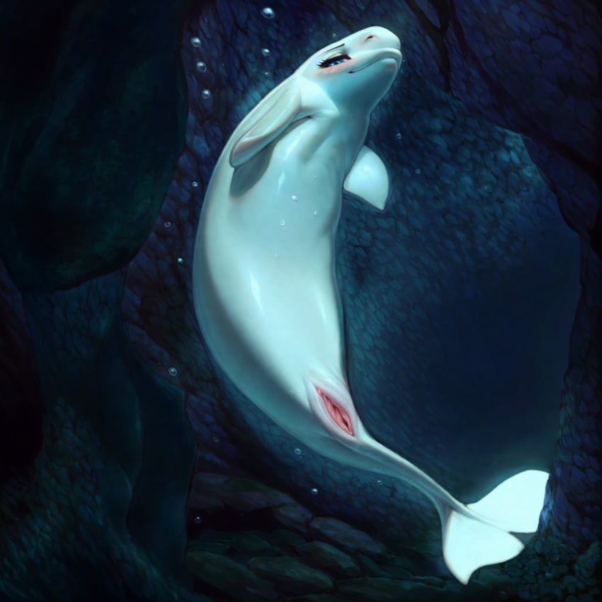 1:1 ai_generated beluga blue_eyes cave cetacean cetacean_tail colored delphinoid detailed female feral feral_only genitals hi_res lungfish1223 mammal marine monodontid presenting pussy solo solo_feral toothed_whale underwater water whale white_body