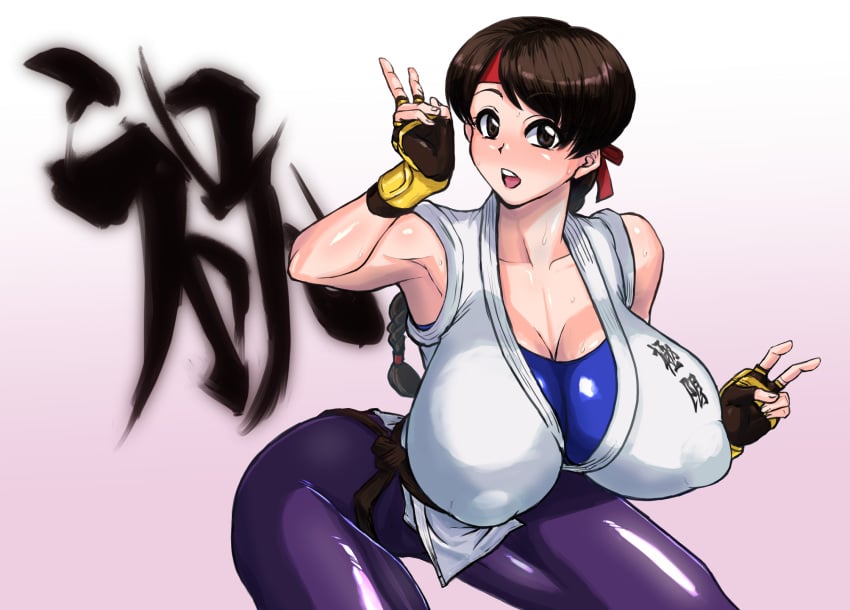 1girls alternate_breast_size art_of_fighting asian asian_female bandana big_breasts black_eyes black_hair breasts castroll cleavage curvaceous curvy curvy_body curvy_female curvy_figure curvy_hips female female_focus female_only huge_breasts king_of_fighters large_breasts nipple_bulge nipples nipples_visible_through_clothing peace_sign slim_waist snk solo solo_female thick_thighs thighs tomboy v voluptuous wide_hips yuri_sakazaki